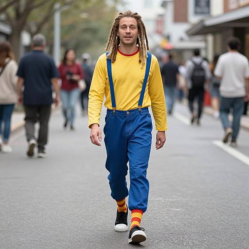 Photograph of a man with dreadlocks, yellow shirt, blue suspenders, and orange socks, walking on a busy city street.