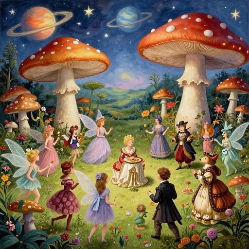 Whimsical fairy tale scene: six fairies, two boys, and a girl in elegant dresses, under giant red mushrooms, colorful flowers, star