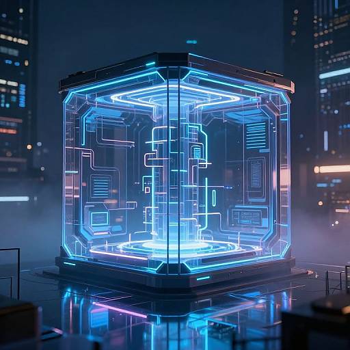 Neon-lit, futuristic glass cube with intricate blue circuitry patterns stands in a dark, misty cityscape at night, surrounded by tall buildings