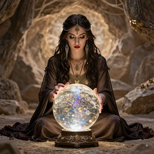 Photograph of a dark-haired woman in a black, sheer robe, sitting in a cave, holding a glowing, starry crystal orb.
