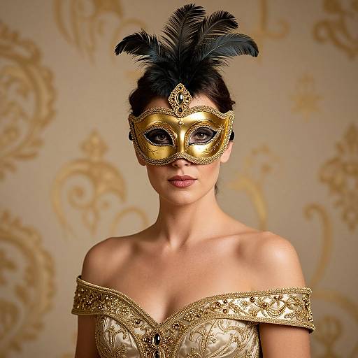 Elegant Woman in Golden Venetian Mask