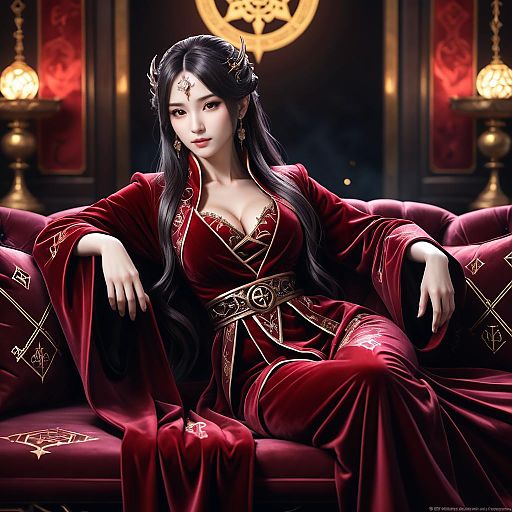 Seductive Arcane Elementalist on Velvet Sofa