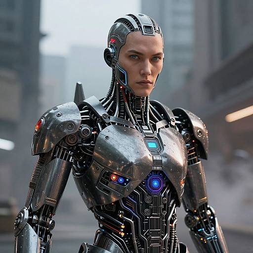 Photorealistic CGI of a silver, futuristic female humanoid robot with glowing blue and red lights, standing in a foggy urban street.