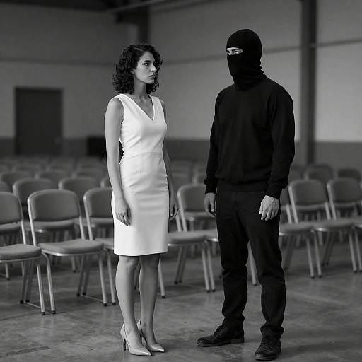 Monochrome Tension: Woman and Masked Man