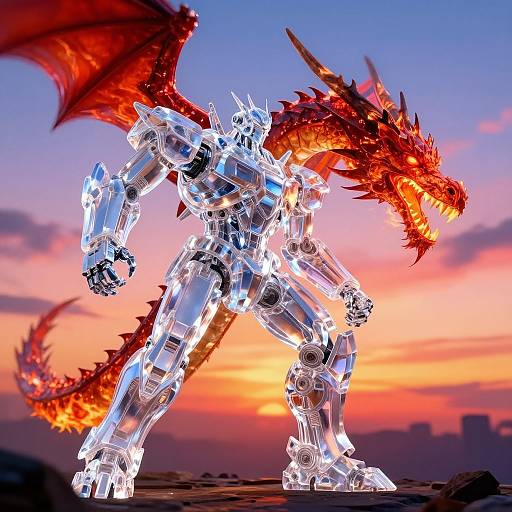 Photorealistic CGI of a glowing, crystal dragon mech with fiery red wings and tail against a vibrant sunset sky.
