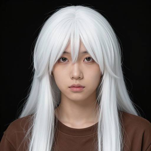 Digital portrait of an Asian person with long, white, straight hair, and brown eyes, wearing a dark brown shirt, against a black background.