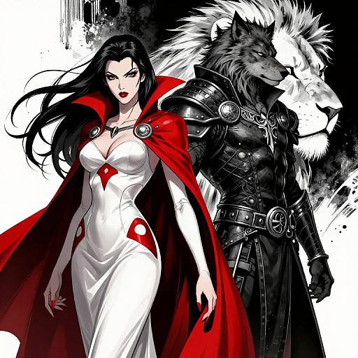 Digital art: Strong, dark-haired woman in white dress with red accents and red cape stands beside fierce, armored werewolf with white fur. Black and