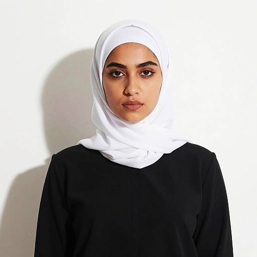 Photograph of a young woman with light brown skin, dark eyebrows, and brown eyes, wearing a white hijab and black top, against a white