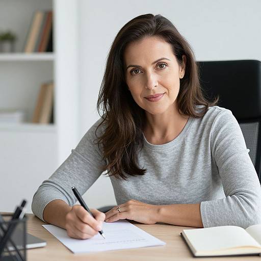 Photograph of a smiling woman with long dark brown hair, wearing a light gray sweater, writing on white paper at a wooden desk in a bright office