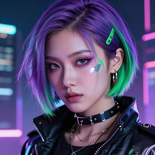 Digital portrait of an androgynous person with purple and green hair, cyberpunk makeup, neon lights, black leather collar, and futuristic background.