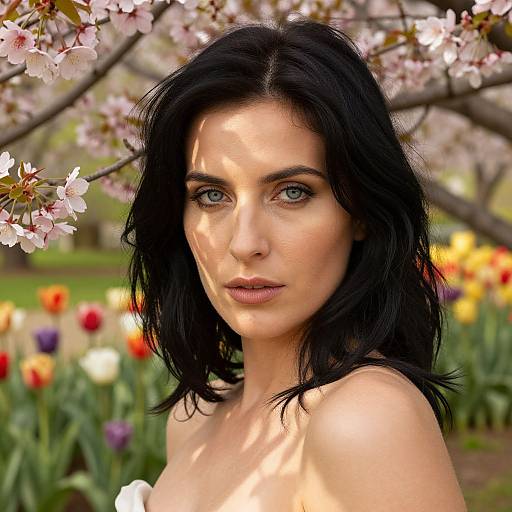 Photograph of a fair-skinned woman with black hair, blue eyes, and neutral makeup, standing among blooming cherry blossoms and colorful tulips