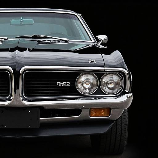 Photograph of a classic black 1970s Dodge Challenger front view, highlighting chrome grille, dual round headlights, and orange turn signal against a black