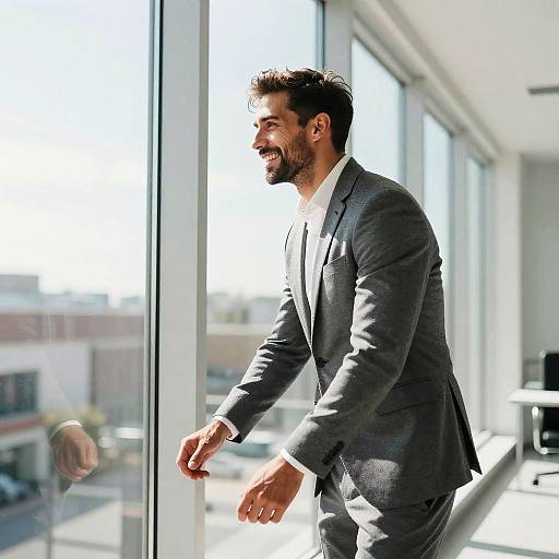 Photograph of a bearded, smiling man in a gray suit, walking towards a sunlit glass window in a modern office.