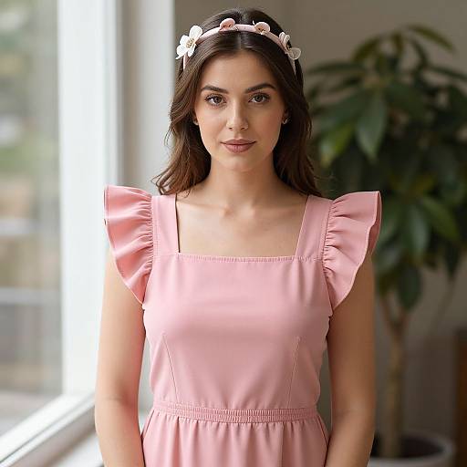 Photograph of a young woman with medium-length brown hair, wearing a pink dress with puffed sleeves, white flower headband, standing in a sun