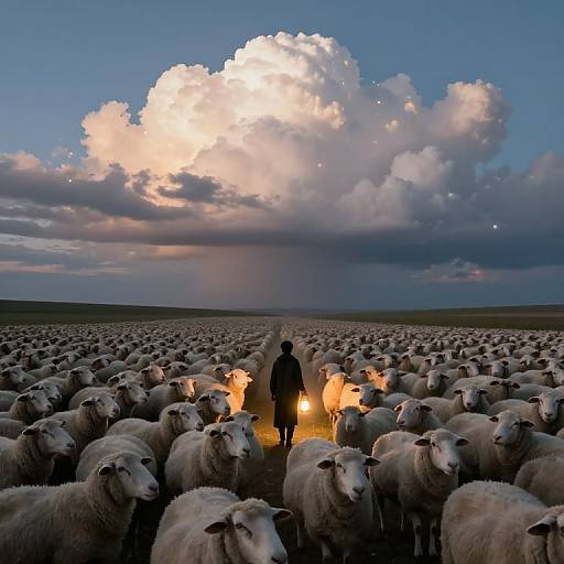 Photograph of a silhouetted shepherd with glowing lanterns amid a vast flock of sheep under a dramatic, cloud-filled twilight sky.