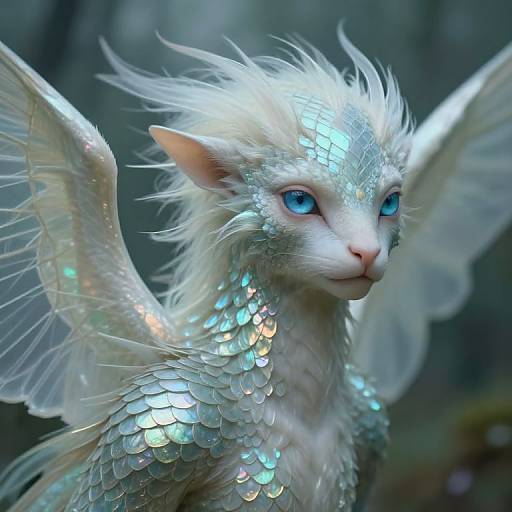 Digital art of a mythical white winged creature with shimmering silver scales, blue eyes, and spiky fur, set against a blurred forest background.