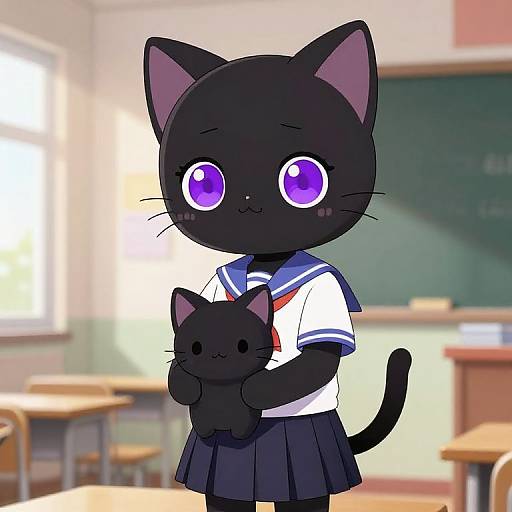 Digital anime-style drawing of a cute black cat with large purple eyes wearing a Japanese school uniform, holding a smaller black cat in a classroom.