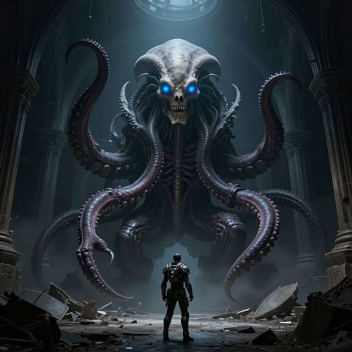 Digital artwork of a dark, cavernous temple with a massive, glowing blue-eyed octopus monster looming above a standing, armored figure amidst debris.
