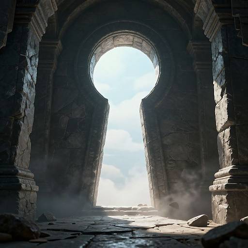 Photograph of an ancient, dark stone archway with a bright, circular keyhole-shaped opening, revealing a bright sky and misty floor.