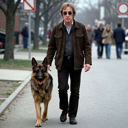 Photograph of a middle-aged man with short, messy brown hair, wearing dark sunglasses, a brown jacket, and black pants, walking a large German