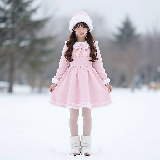 Photograph of a young Asian girl with long black hair, wearing a pink dress, white hat, and boots, standing in a snowy forest.