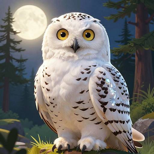Majestic Female Snowy Owl in Moonlit Pine Forest