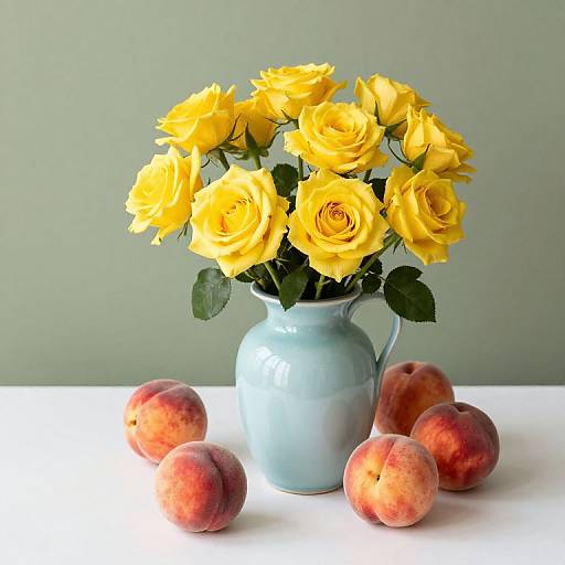 Photograph of a blue ceramic vase with vibrant yellow roses, surrounded by four red peaches, on a white surface against a green background.