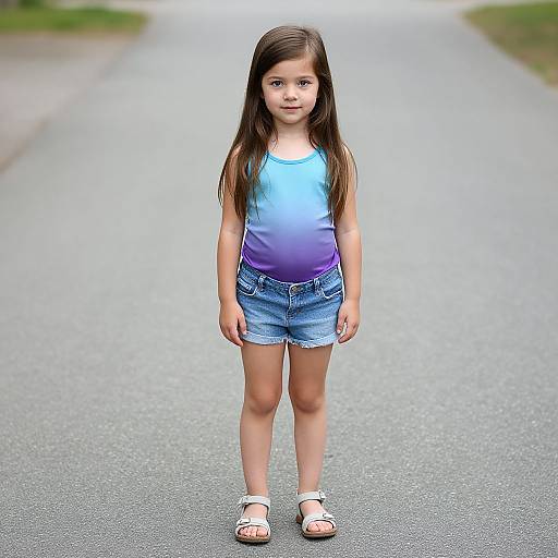 Photograph of a young girl with long brown hair, wearing a blue-to-purple gradient tank top, denim shorts, and white sandals, standing on an