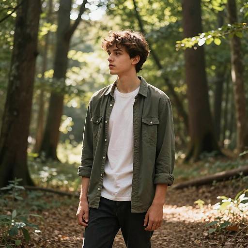 Photograph of a young man with curly brown hair, wearing an olive green button-up shirt over a white t-shirt, standing in a sunlit forest