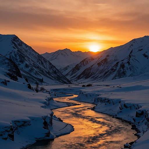 Photograph of a snow-covered mountain valley at sunset, with a glowing orange sky, a reflective river winding through the valley, and silhouetted