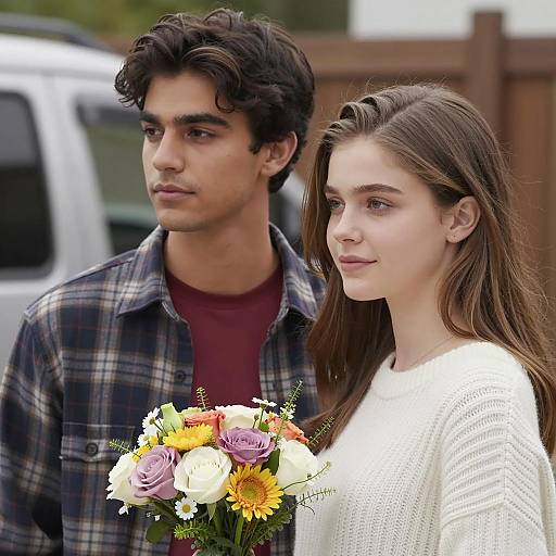 Young Couple with Flower Bouquet Outdoors