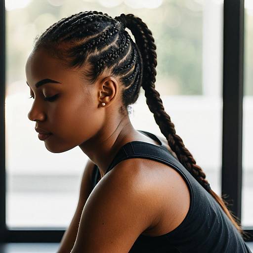 Photograph of a Black woman with intricate braided cornrows, wearing a black tank top, in profile against a bright window background.
