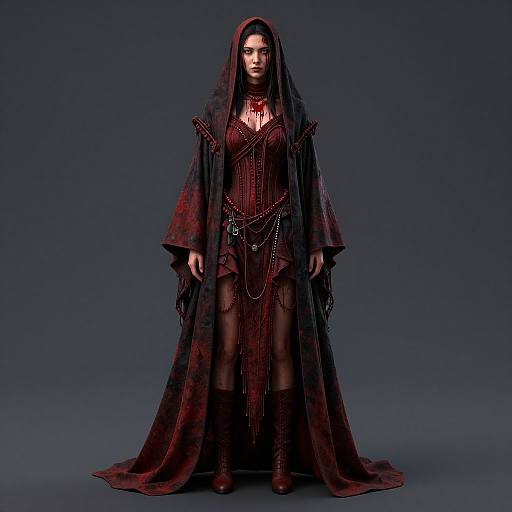 Photograph of a gothic woman with pale skin, dark red hooded cloak, and intricate red dress, standing against a dark blue background, ex