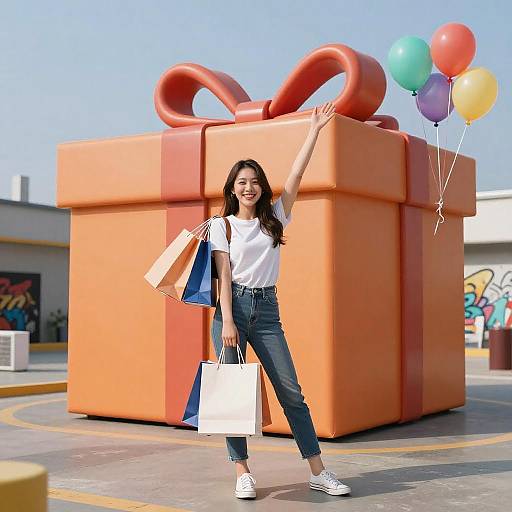 Young Woman with Shopping Bags and Giant Gift Box