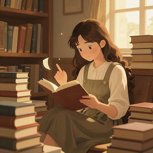 Anime-style digital illustration of a young girl with long black hair, wearing a white blouse and green pinafore, reading a book in a sunlit