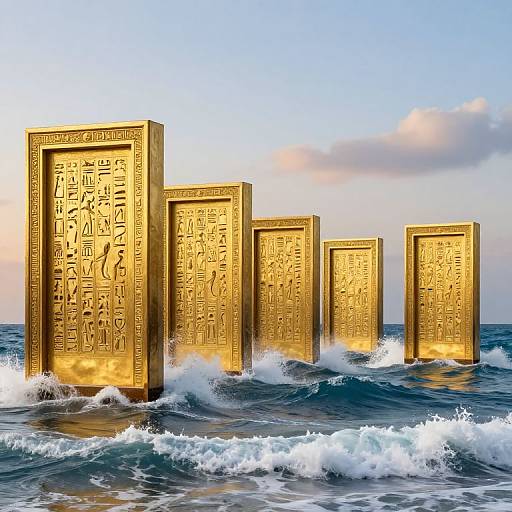 Golden, ancient Egyptian-style stone pillars with hieroglyphics rise from turbulent ocean waves under a pastel sunset sky. Photorealistic CGI image.