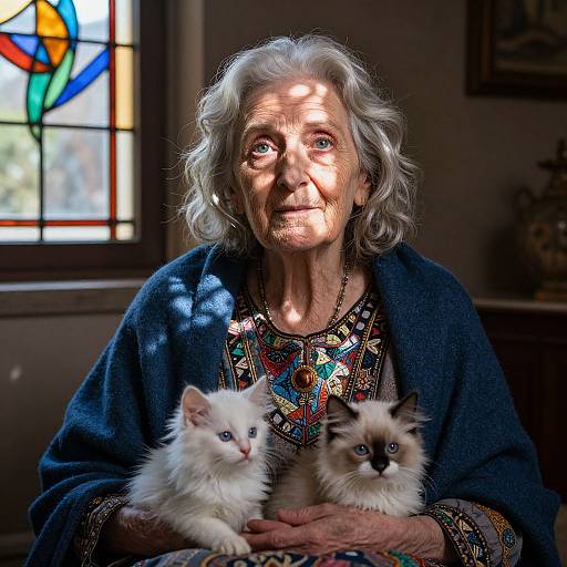 Photograph of an elderly woman with wavy gray hair, wearing a dark blue cardigan and colorful embroidered top, holding two fluffy kittens with white and