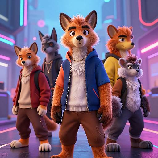 Futuristic Furry Characters in Neon City