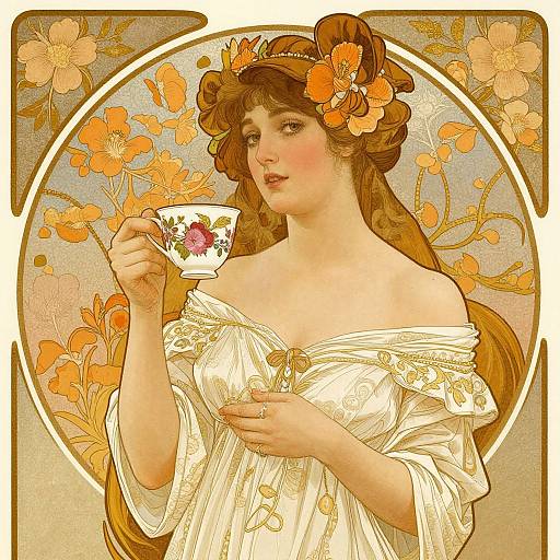 Digital Art: Victorian-style woman with orange flower crown, off-shoulder white dress, holding floral teacup, set against circular floral background.