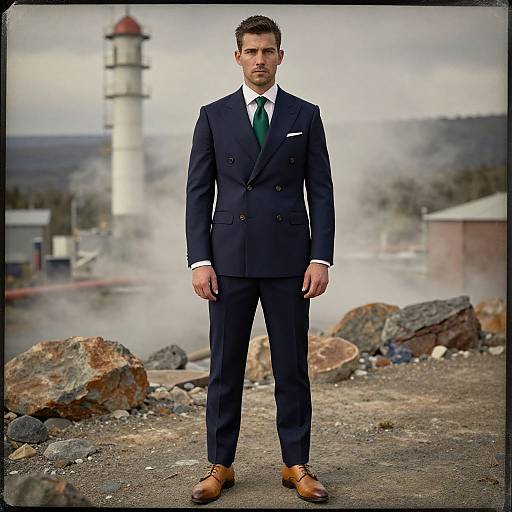 Photograph of a handsome man in a dark navy double-breasted suit, green tie, white shirt, and brown shoes, standing confidently in front of
