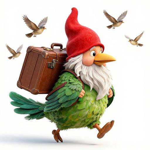 Cartoon green bird with red hat, white beard, brown suitcase, walking, surrounded by flying birds, vibrant, whimsical, 3D digital