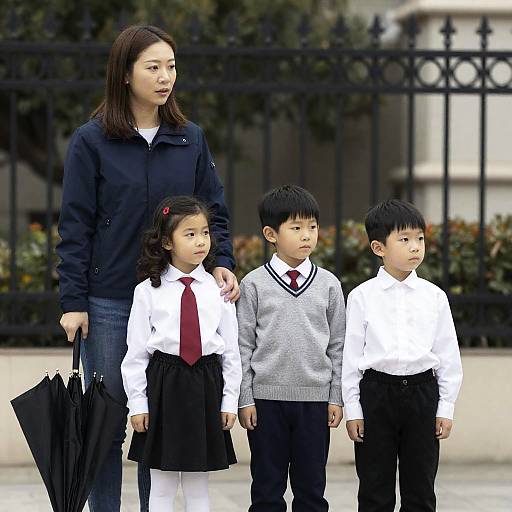 Asian Woman with Children in School Uniforms Outdoors