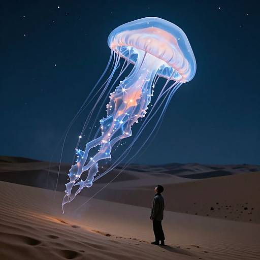 Photograph of a person in dark clothes standing in a desert at night, gazing at a glowing, bioluminescent jellyfish with long,