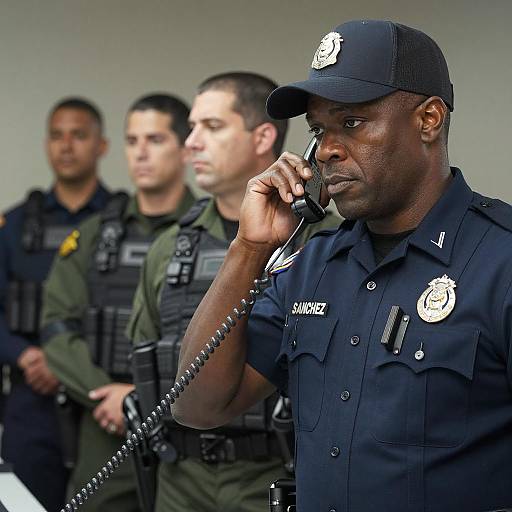 Black Police Officer Using Corded Phone