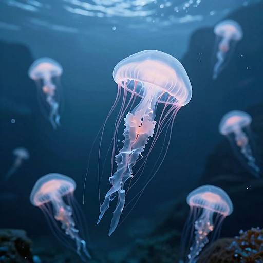 Photograph of glowing, ethereal jellyfish with translucent white bell-shaped bodies and delicate, flowing tentacles, floating in a deep blue underwater ocean scene
