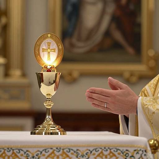 Photograph of a priest's hands in ornate vestments, praying over a lit chalice with a glowing cross, in an opulent church setting