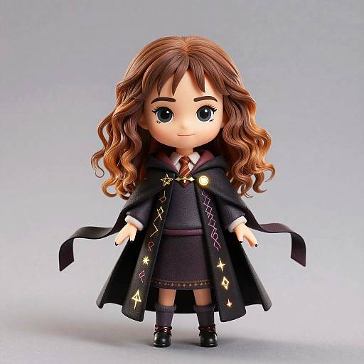 Chibi-style photograph of a doll with long brown wavy hair, large blue eyes, black star-embellished cloak, black dress, and