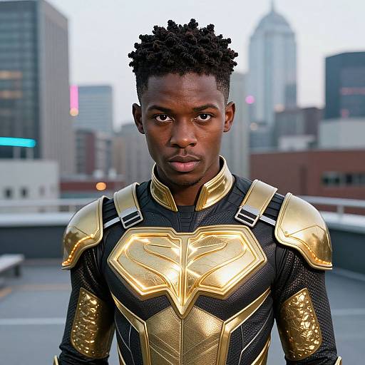 Photograph of a young Black man with short, curly hair wearing a golden, armored superhero suit with black accents, standing on a rooftop with a city