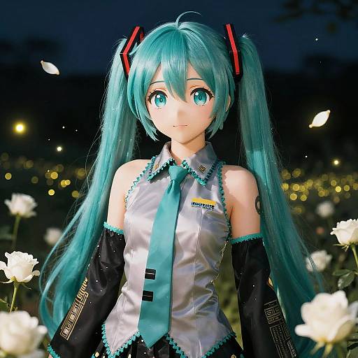 Digital art of Hatsune Miku with turquoise hair, large teal eyes, black and silver outfit, standing in a dark night garden with glowing white flowers