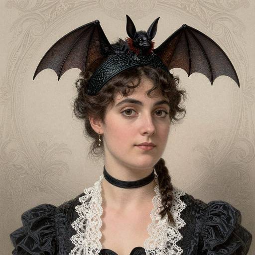 Photograph of a young woman with pale skin, brown curly hair, wearing a black lace Victorian dress, choker, bat-wing headpiece, and